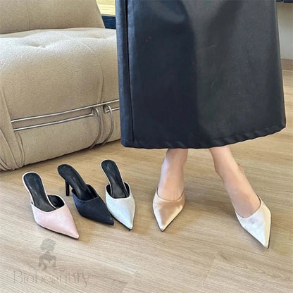 Spring Satins Pointed Toe Slippers Woman Thin Heels