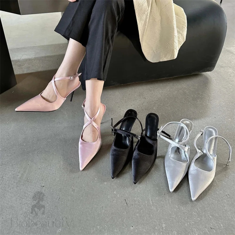 Spring Silk Women Sexy Pointed Toe Pumps With Buckle Strap Slingbacks For Wedding Featuring Thin