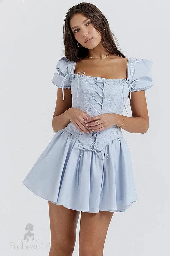 Square Neck Lace-Up Two-Piece Mini Dress