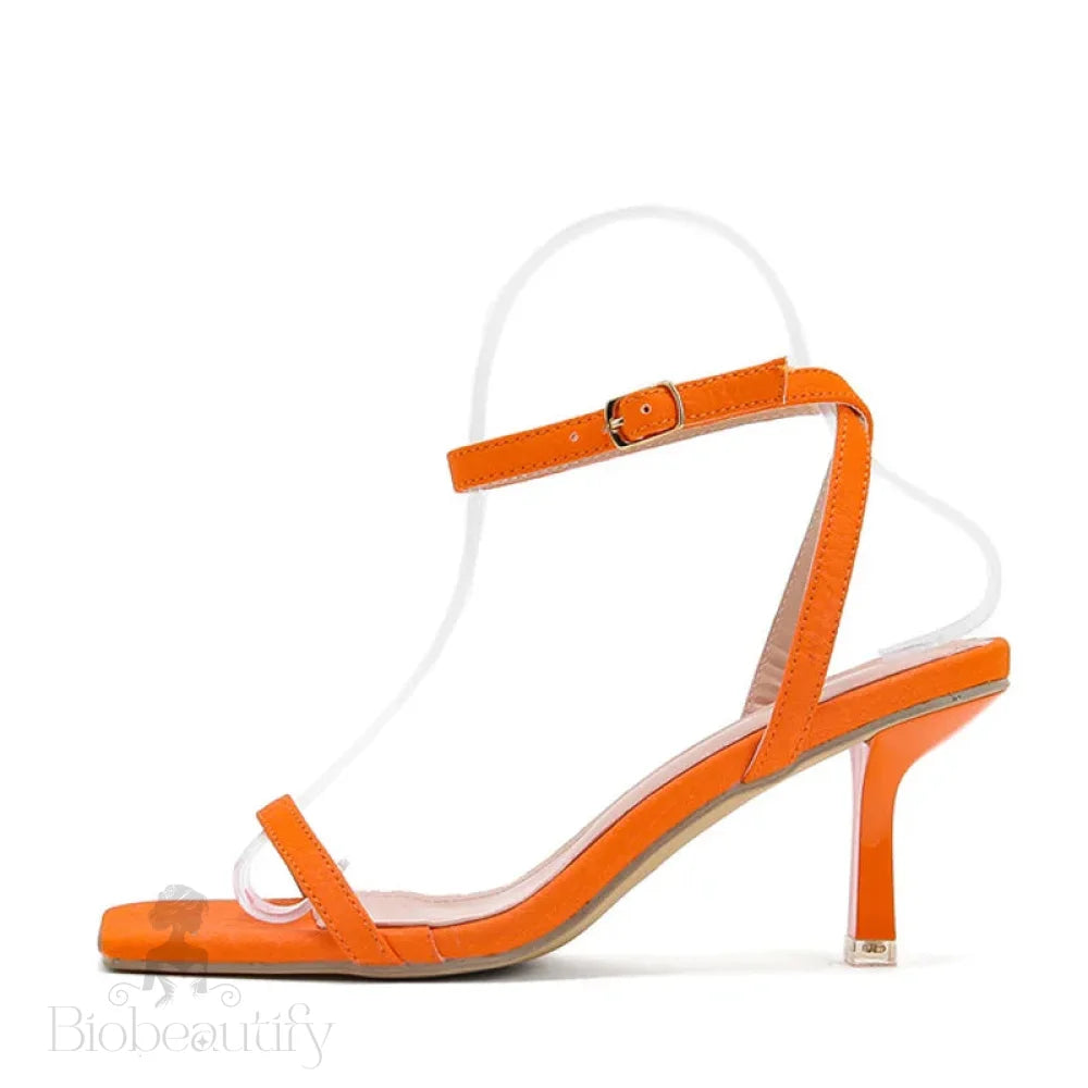 Square Toe Orange Sandals With Thin Low Heel