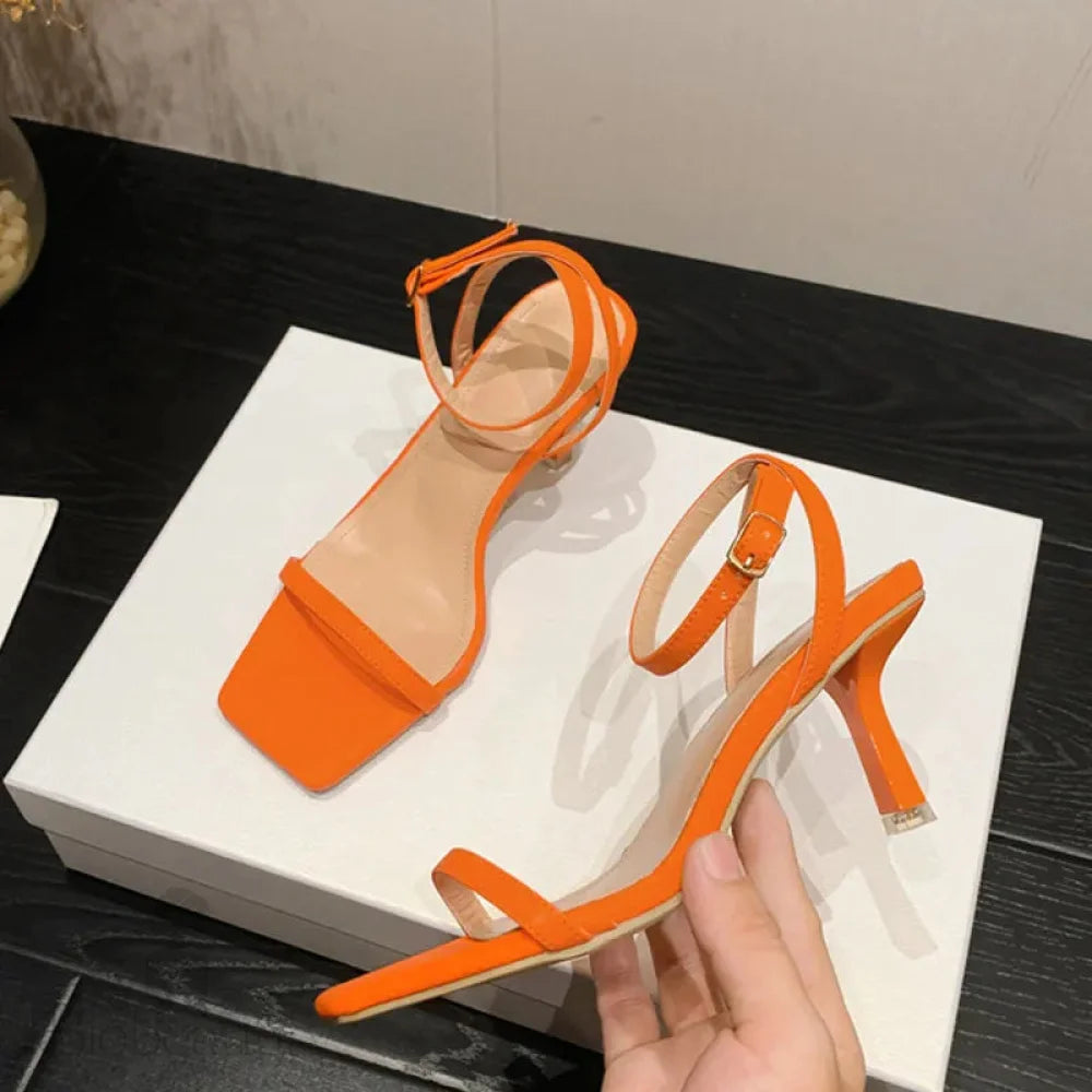 Square Toe Orange Sandals With Thin Low Heel