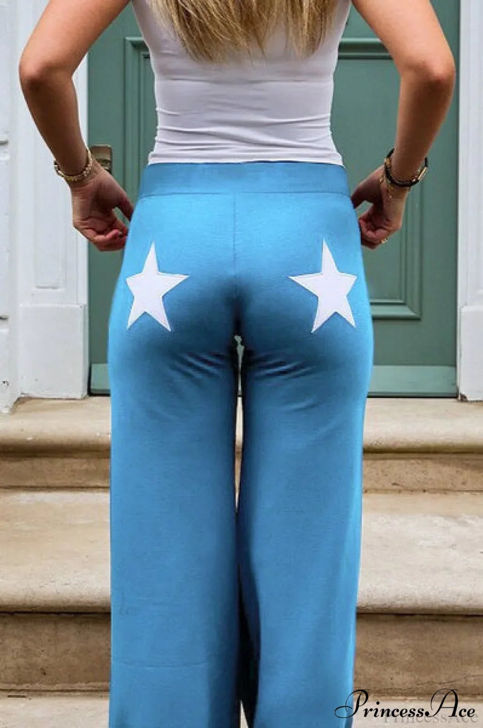 Star Print Stretchy High Waist Straight Leg Pants Light Blue / S