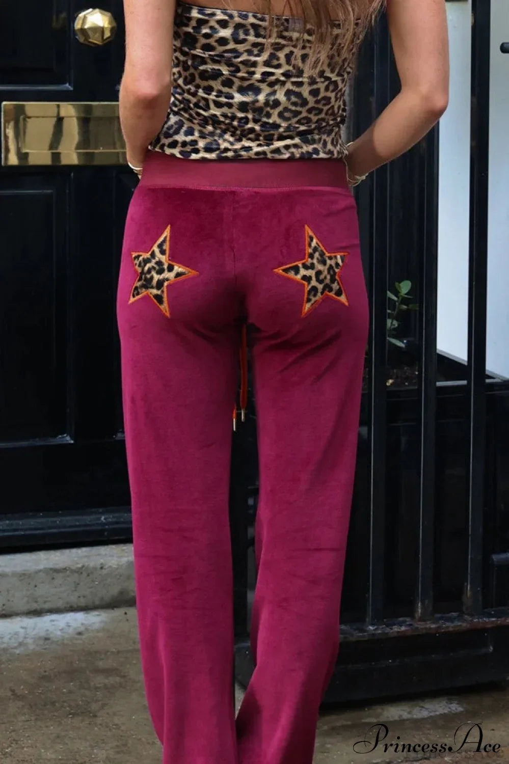 Star Print Stretchy High Waist Straight Leg Pants Red / S