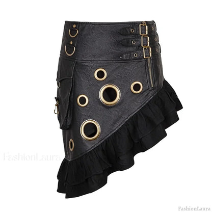 Steam Flounce Kilt Texture Coarse-grain PU Leather Symmetrical Rock Vintage Knee Length Party Skirt BLACK / S