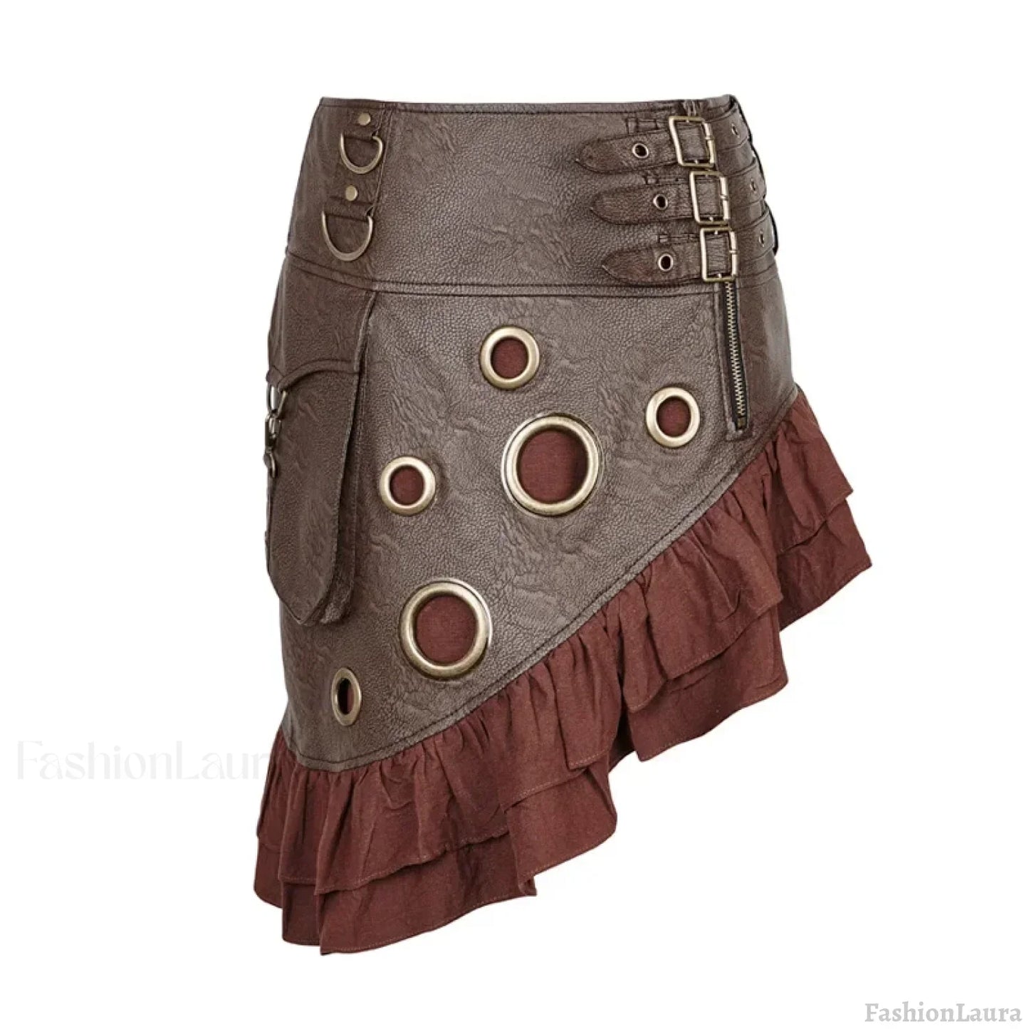 Steam Flounce Kilt Texture Coarse-grain PU Leather Symmetrical Rock Vintage Knee Length Party Skirt COFFEE / S