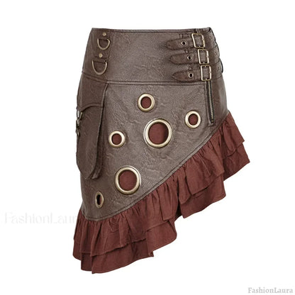 Steam Flounce Kilt Texture Coarse-grain PU Leather Symmetrical Rock Vintage Knee Length Party Skirt COFFEE / S