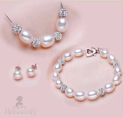 Sterling Silver And Natural Pearl 3-Piece Bridal Jewelry Set In Violet - Available More Colors