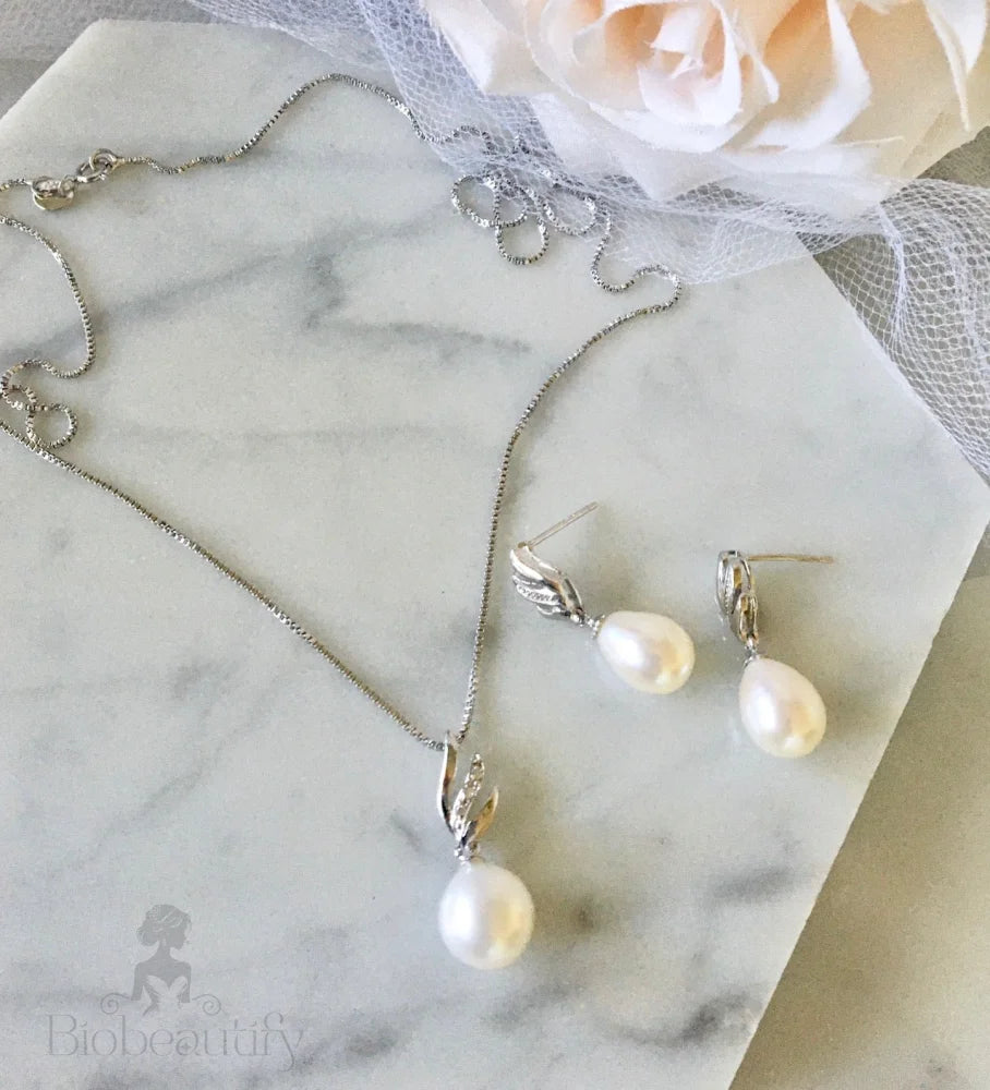 Sterling Silver Bridal Jewelry Set With Natural Pearl - Alegria Available In Multiple Colors