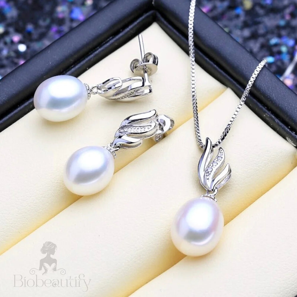 Sterling Silver Bridal Jewelry Set With Natural Pearl - Alegria Available In Multiple Colors