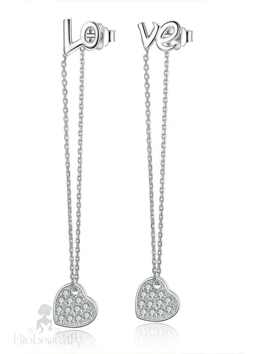 Sterling Silver Heart Love Long Earrings 925