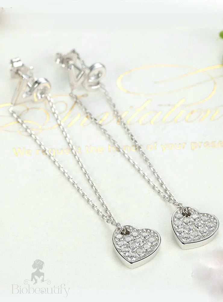 Sterling Silver Heart Love Long Earrings 925