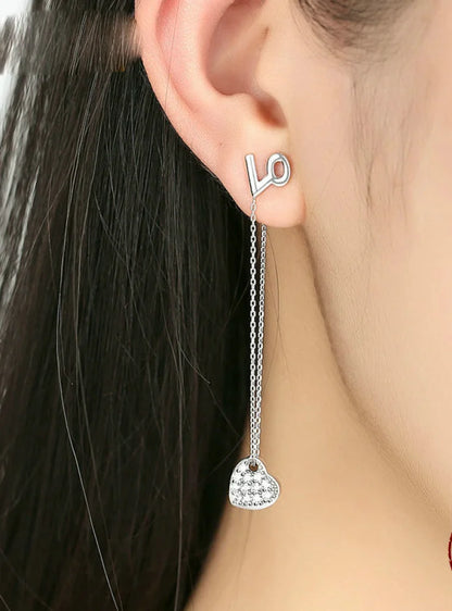 Sterling Silver Heart Love Long Earrings 925