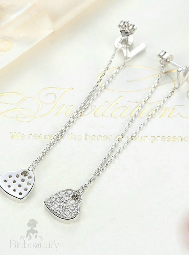 Sterling Silver Heart Love Long Earrings 925