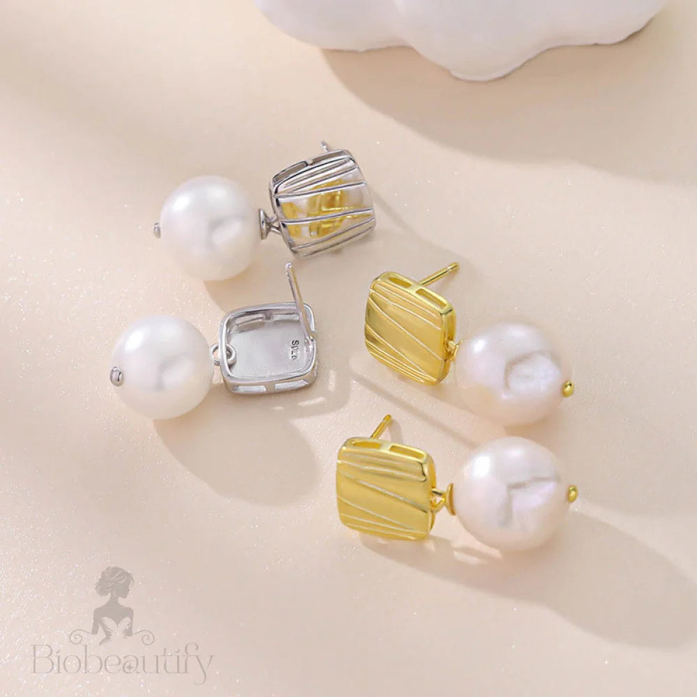 Sterling Silver Plated Two Tone Square Baroque Pearl Drop Earrings