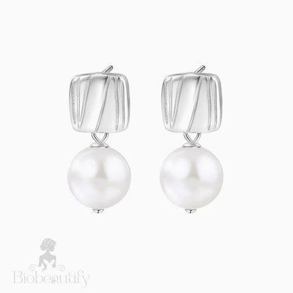 Sterling Silver Plated Two Tone Square Baroque Pearl Drop Earrings / One Size