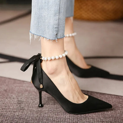 Stiletto Solid Color Pearl Butterfly Pointed Shoes