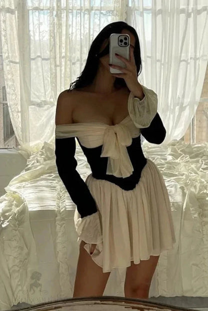 Strapless Backless Pleated Long Sleeve Mini Dress