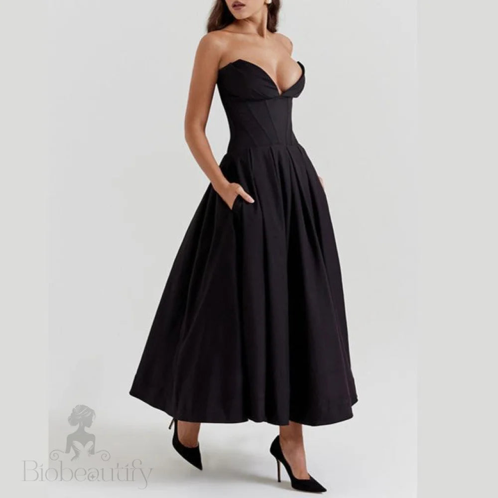 Strapless Corset Midi Ball Gown With Convenient Pockets