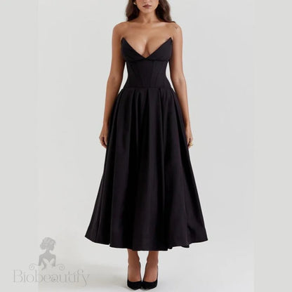 Strapless Corset Midi Ball Gown with Pockets - Chiccharm