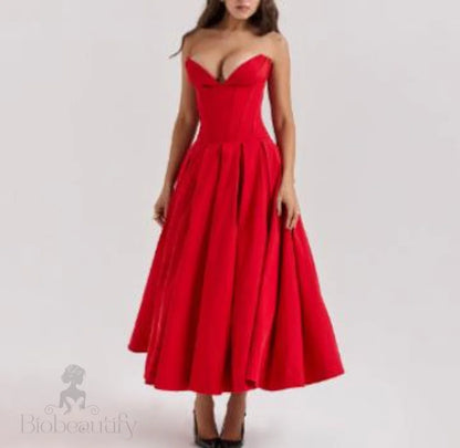 Strapless Corset Midi Ball Gown with Pockets - Chiccharm