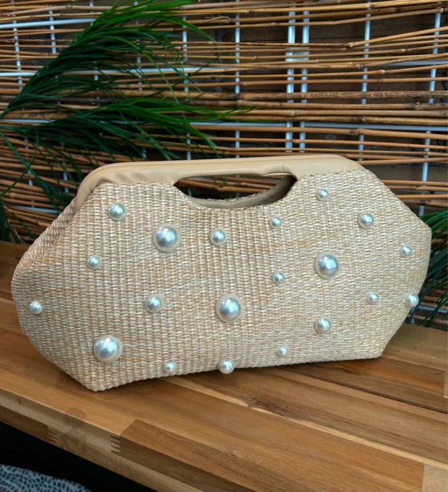 Straw And Wood Pearl Clutch Wheat