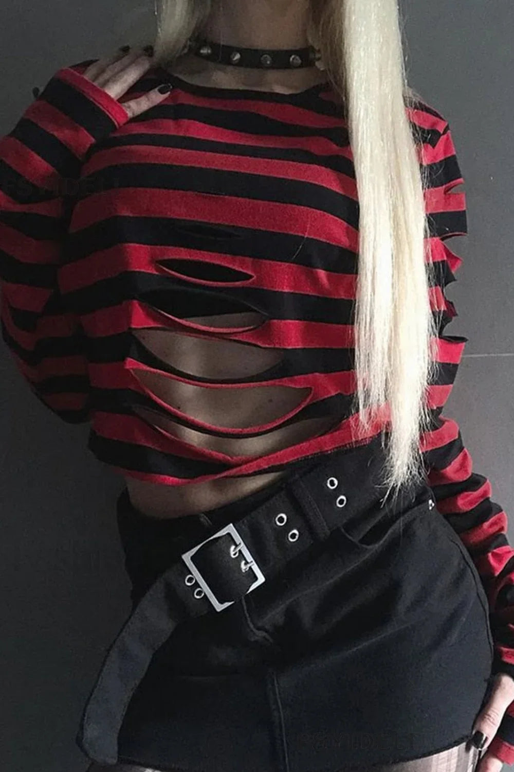 Street Style Ripped Stripe T-Shirt Red / S