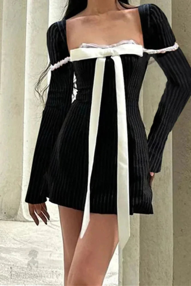 Stripe Print Square Neck Long Sleeve A-Line Mini Dress