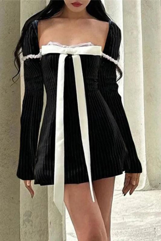 Stripe Print Square Neck Long Sleeve A-Line Mini Dress