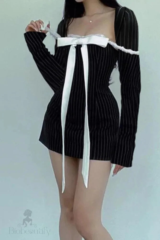 Stripe Print Square Neck Long Sleeve A-Line Mini Dress