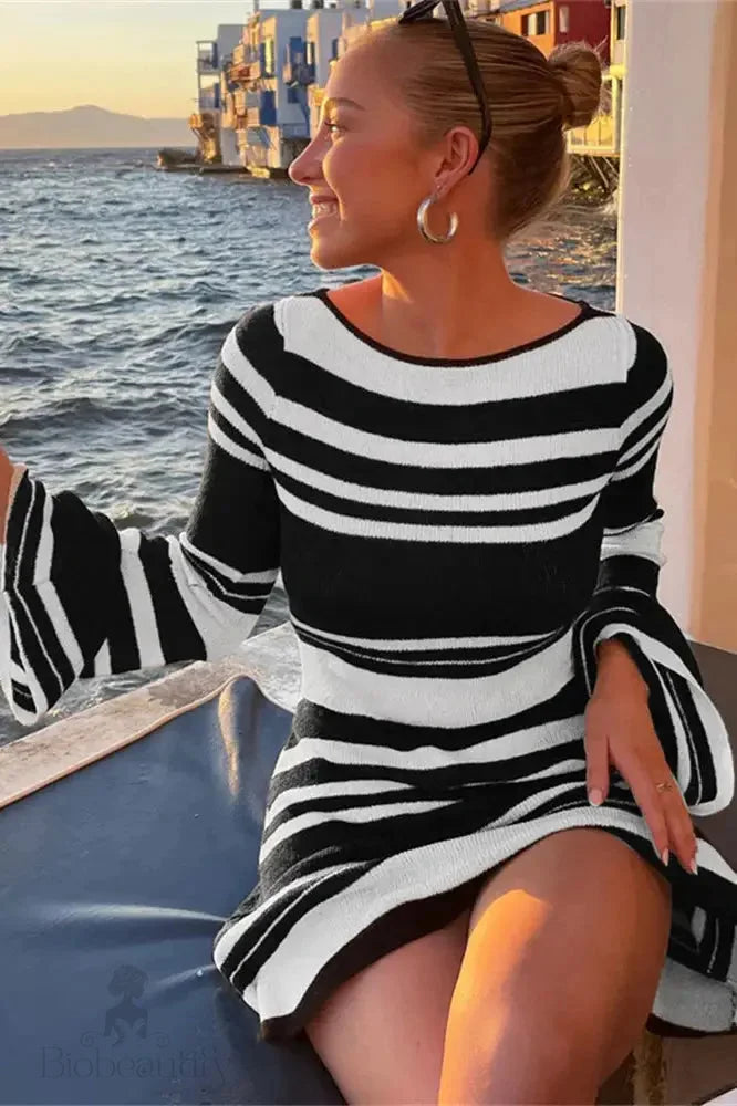 Striped Backless Knit Mini Dress