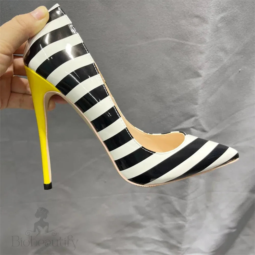 Striped Print Women Pointy Toe Stiletto Pumps With Yellow Heels