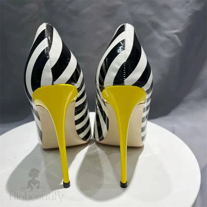 Striped Print Women Pointy Toe Stiletto Pumps With Yellow Heels