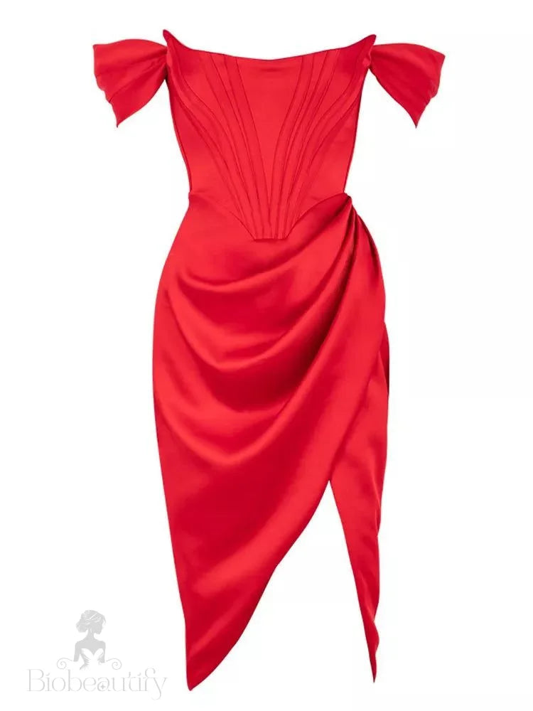 Stunning Satin Off-Shoulder Dress With Soft A-Line Cut