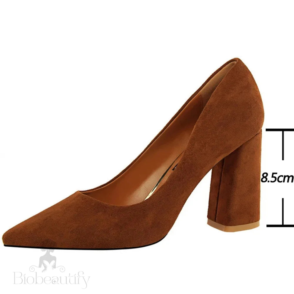 Suede Thick Heel Woman Pumps With Pointed Toe For Office Wear