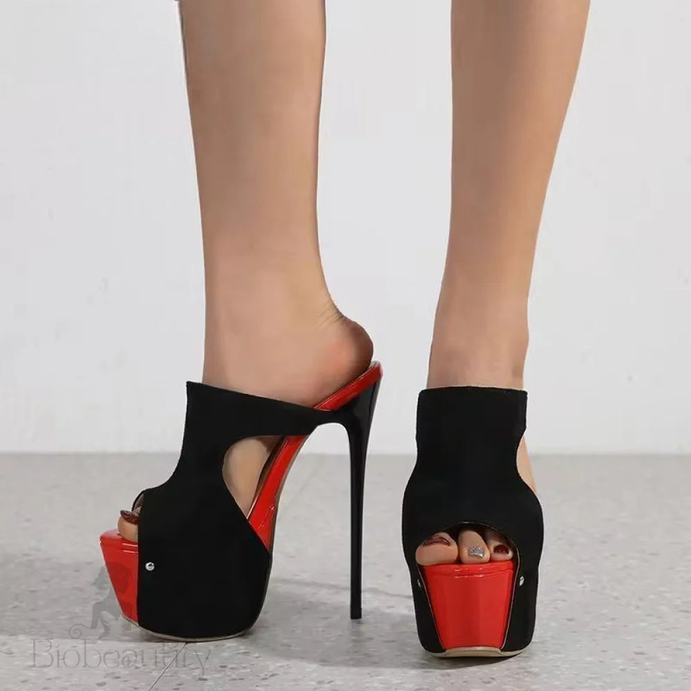 Summer Black Thin Heels Platform Slippers For Women With Hollow Out Design