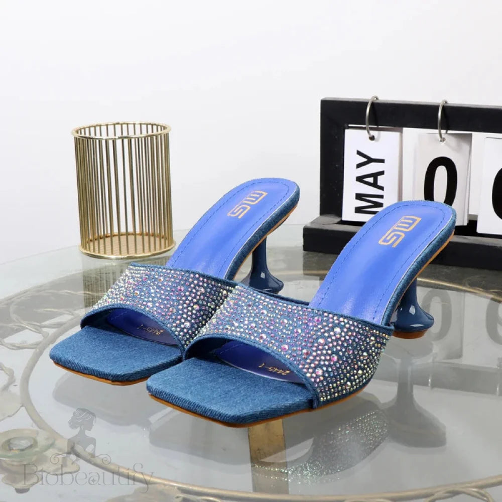 Summer Blue Denim Rhinestone Women’s Slippers With 7Cm Heel