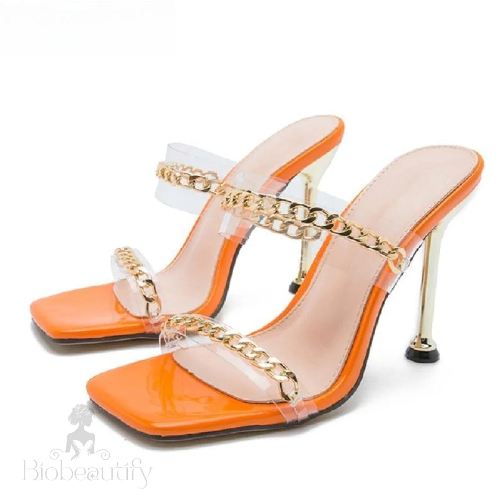 Summer Chain Women Slippers Sandals With Thin High Heels Orange 1 / 41