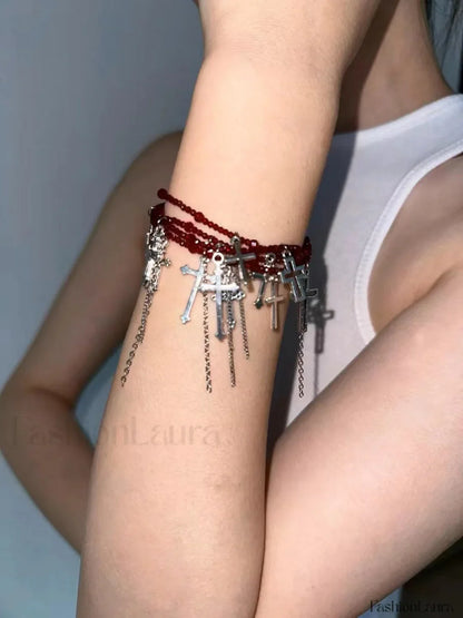 Summer Dark Cross Versatile Tassel Choker Necklace RED