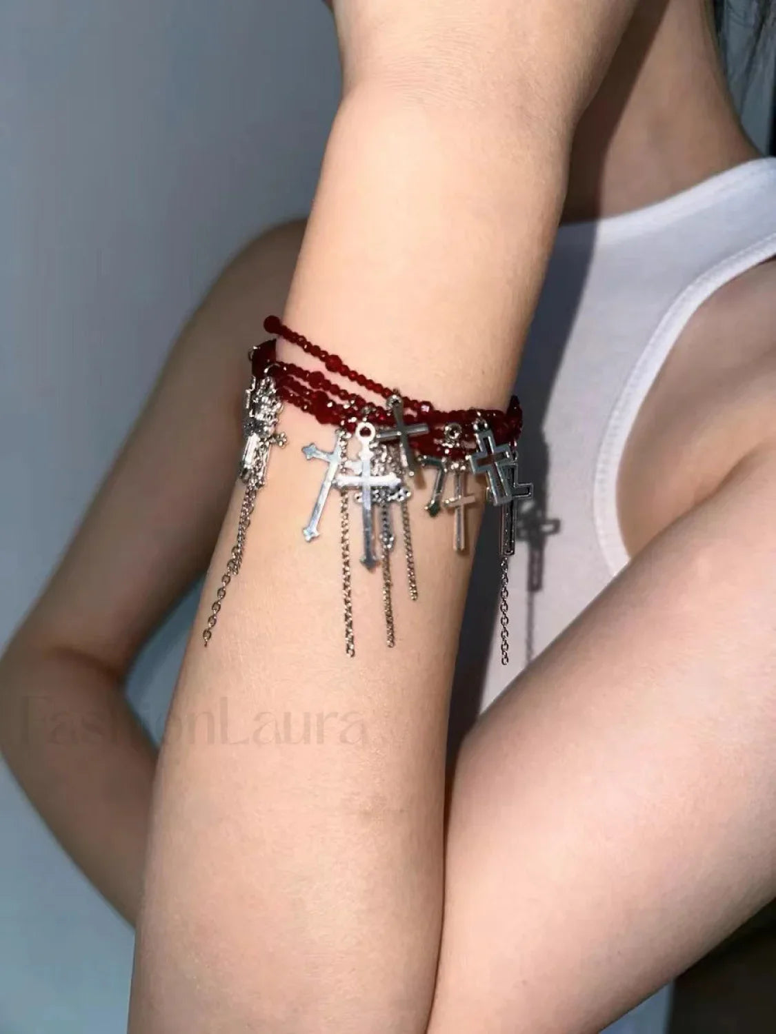 Summer Dark Cross Versatile Tassel Choker Necklace RED