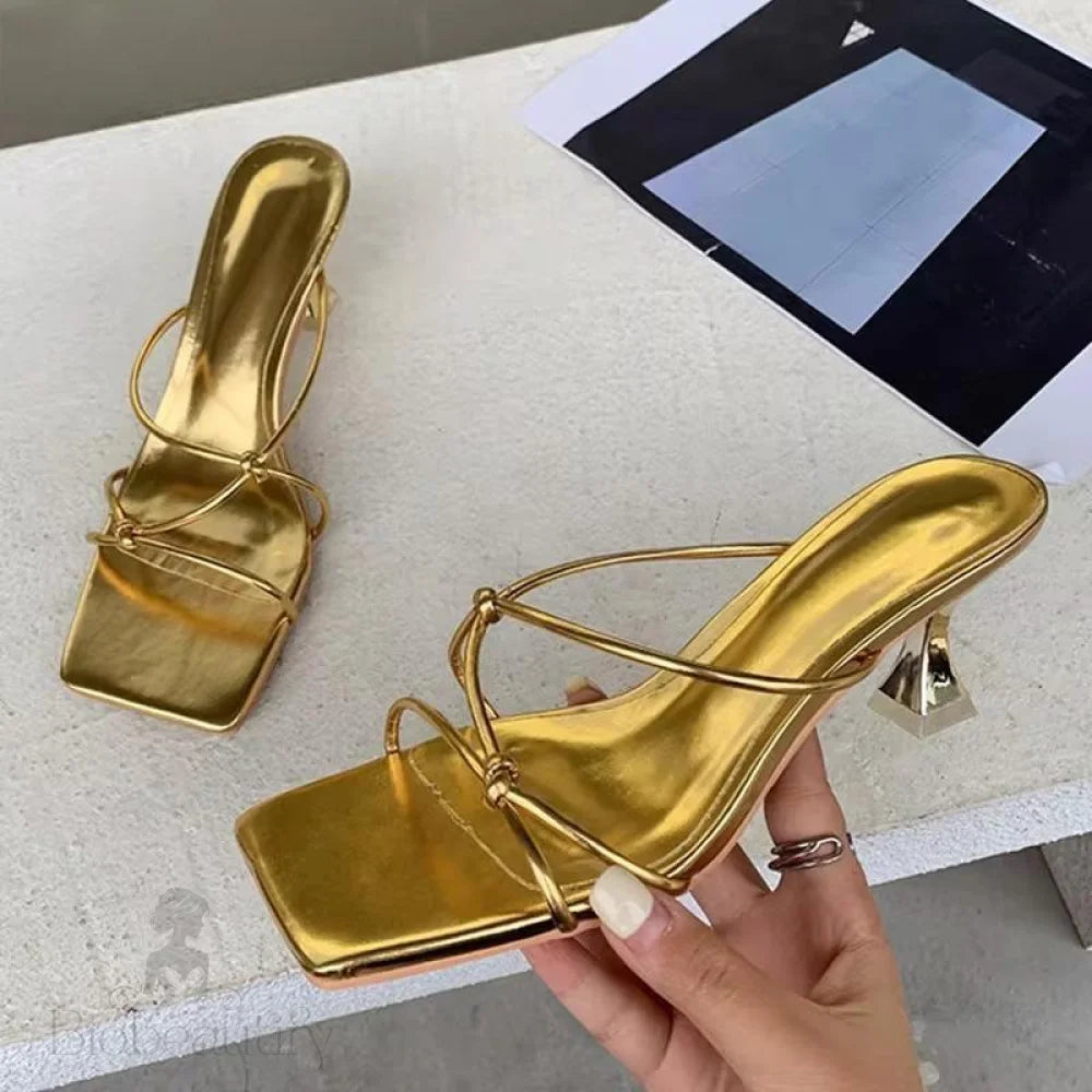 Summer Gold Slipper Low Heel Slides Peep Toe Sandal With Square