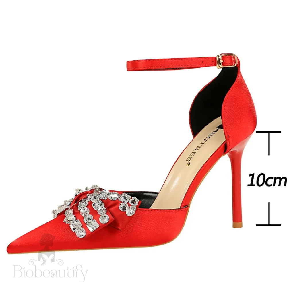 Summer High Heels 10 Cm Rhinestone Bow Women’s Pumps With Hollow Out Design