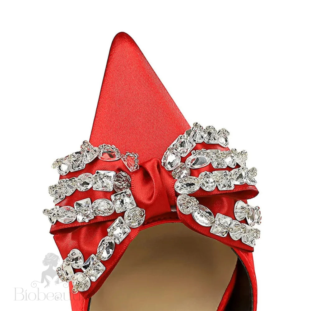 Summer High Heels 10 Cm Rhinestone Bow Women’s Pumps With Hollow Out Design