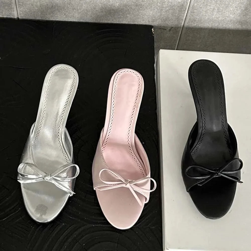 Summer Pink Butterfly-Knot Woman Slippers With Elegance Stripper Thin Low Heels