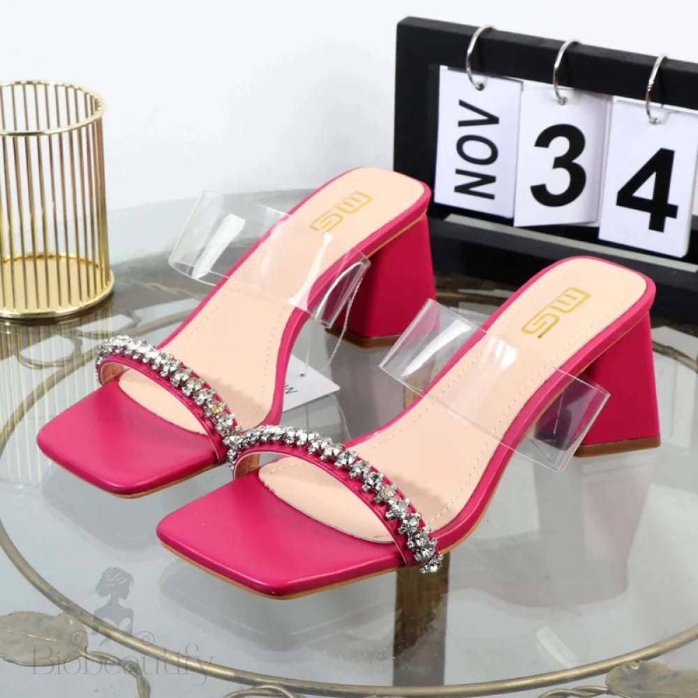 Summer Rhinestone Transparent Belt High-Heeled Slippers For Women 7.5Cm