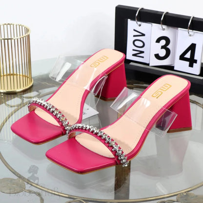 Summer Rhinestone Transparent Belt High-Heeled Slippers For Women 7.5Cm