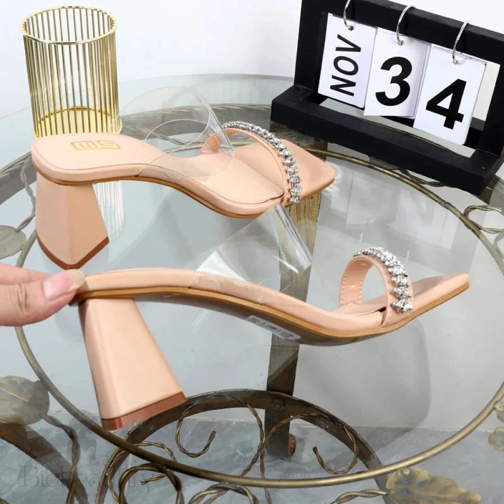 Summer Rhinestone Transparent Belt High-Heeled Slippers For Women 7.5Cm