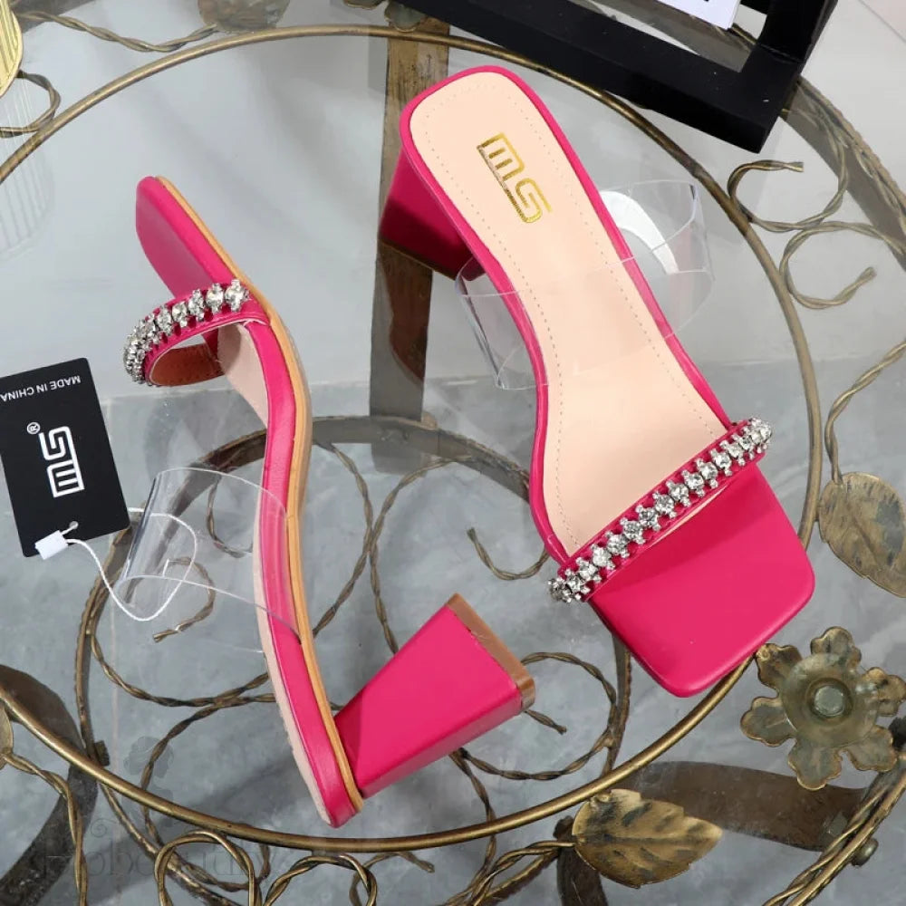 Summer Rhinestone Transparent Belt High-Heeled Slippers For Women 7.5Cm