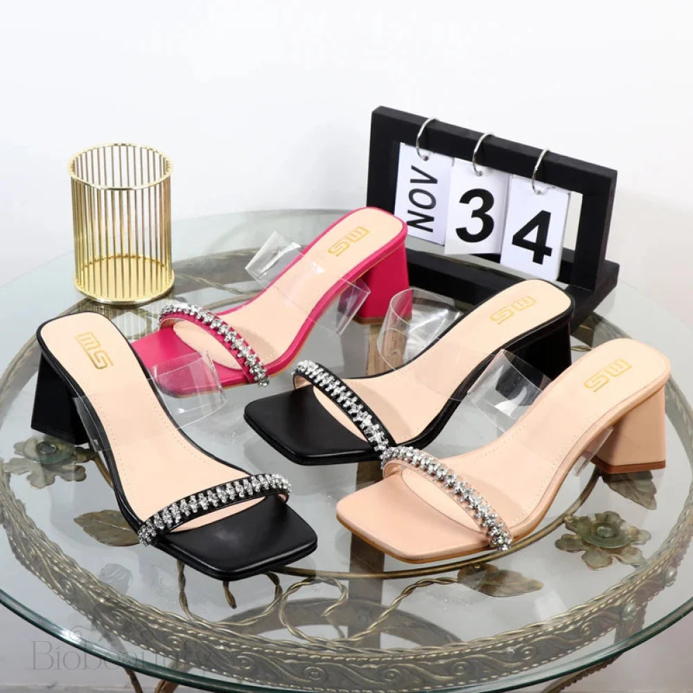 Summer Rhinestone Transparent Belt High-Heeled Slippers For Women 7.5Cm