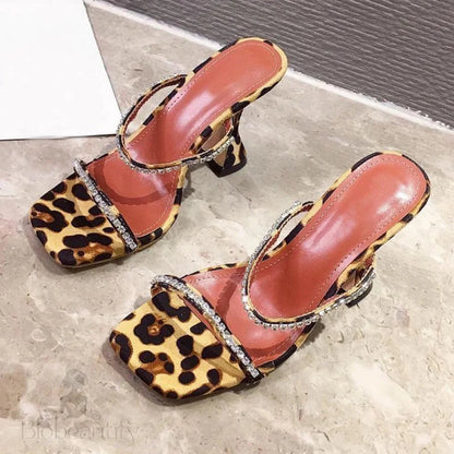 Summer Slippers Women Fashion Open Toe Crystal High Heels Leopard Sandals