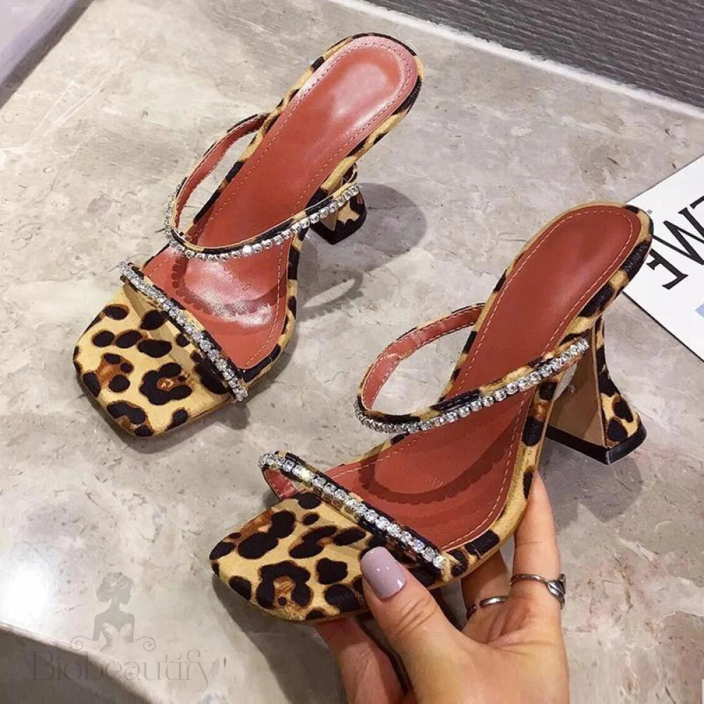 Summer Slippers Women Fashion Open Toe Crystal High Heels Leopard Sandals